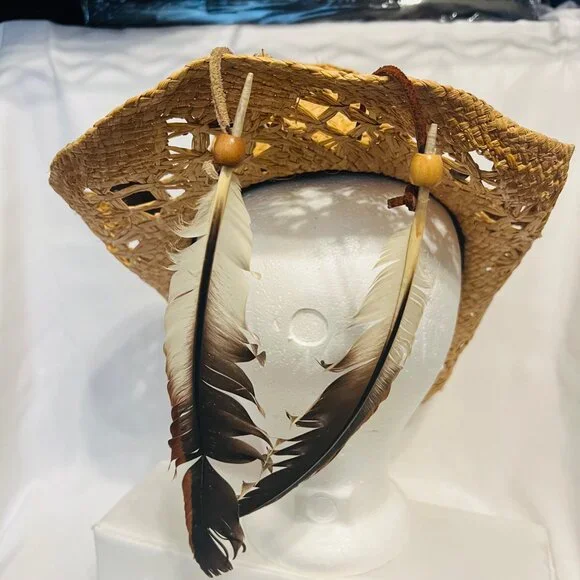Peter Grimm Straw Cowboy Hat-Brown Beaded/Feathers-Country  display picture 1